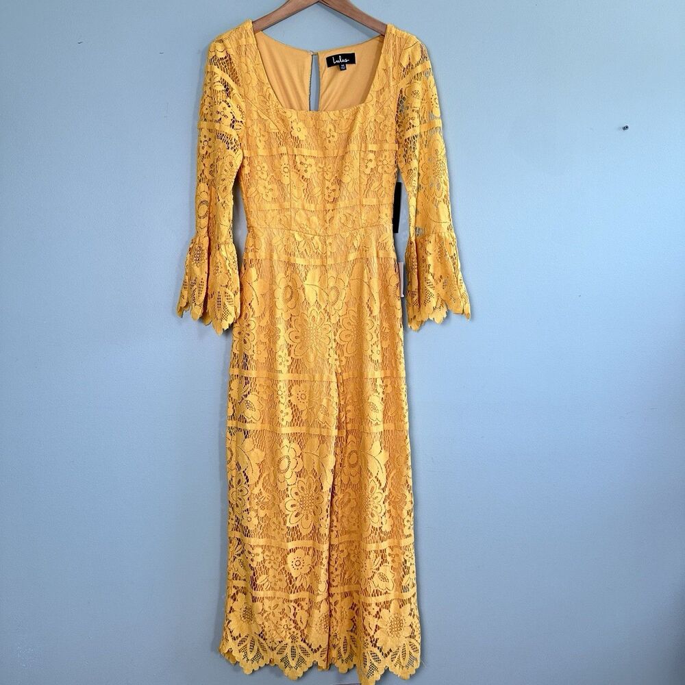 Lulus Lace Jumpsuit Amoureux Womens XS Yellow Culotte Bell Sleeve